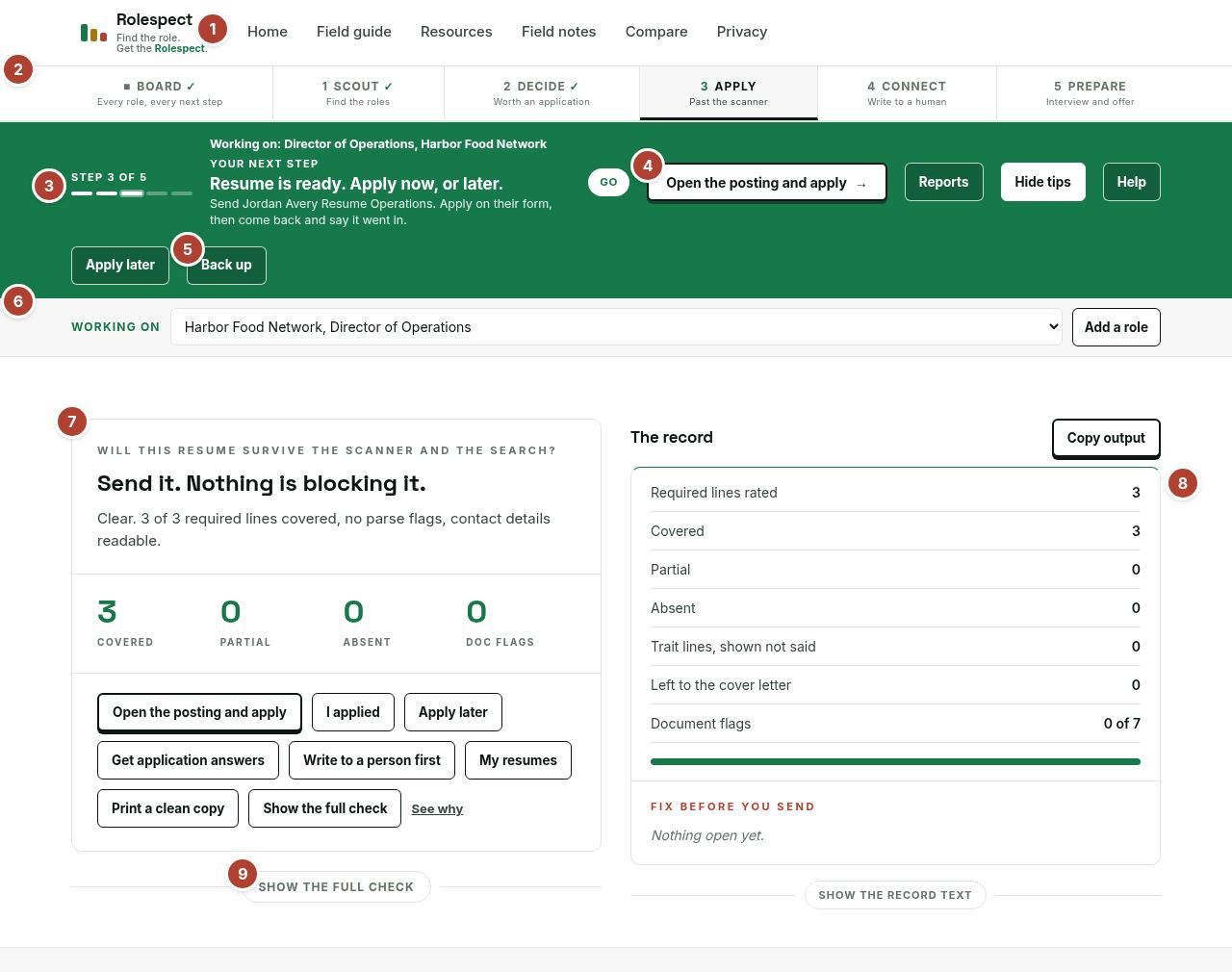 The Apply station with nine numbered parts: the site nav, the station tabs, the Next step bar with its step count, its main button and Back up, the Working on picker, the answer card, the record, and Show the full check.